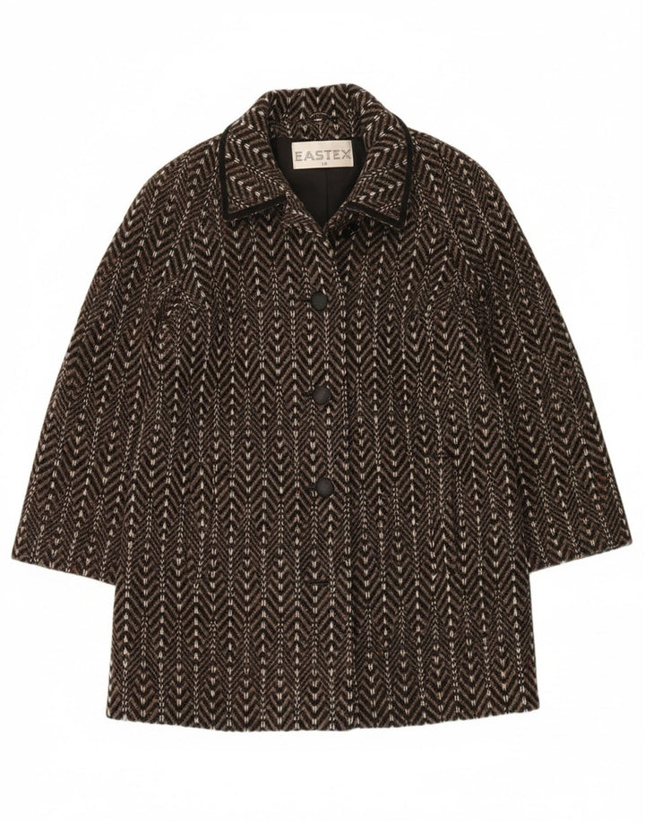 EASTEX Womens Overcoat UK 16 Large Brown Chevron Wool