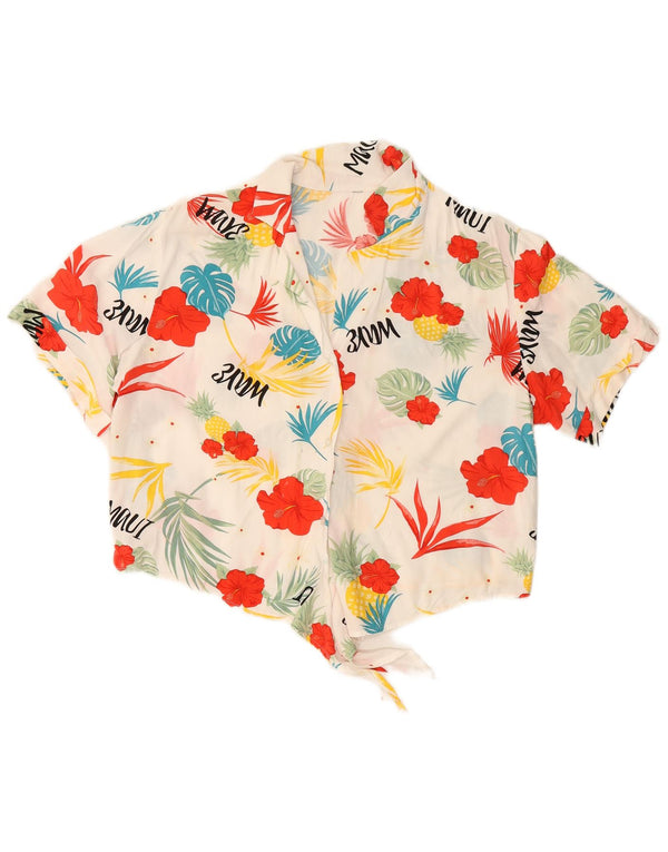 Damska bluzka koszulowa VINTAGE z krótkim przodem i wiązaniem UK 16, duża, biała w kwiaty