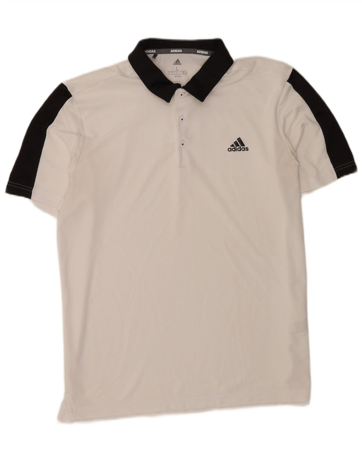 Męska koszulka polo Adidas, duża, biała, z blokami kolorów, poliestrowa