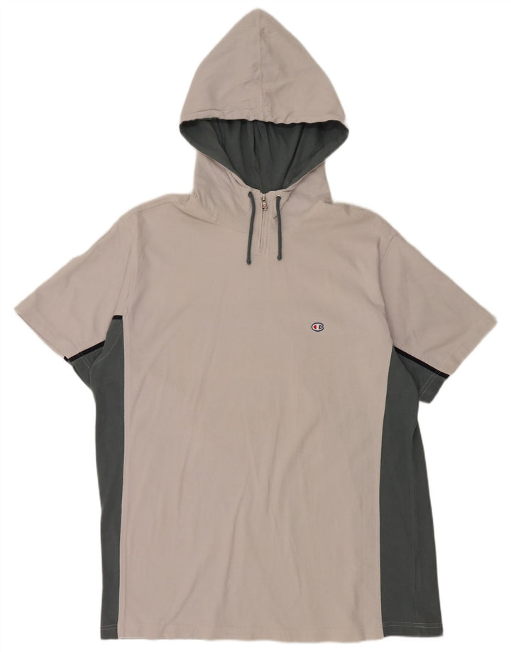 Męski T-shirt CHAMPION z kapturem i zamkiem błyskawicznym, 2XL, biała, bawełniana w bloki kolorów