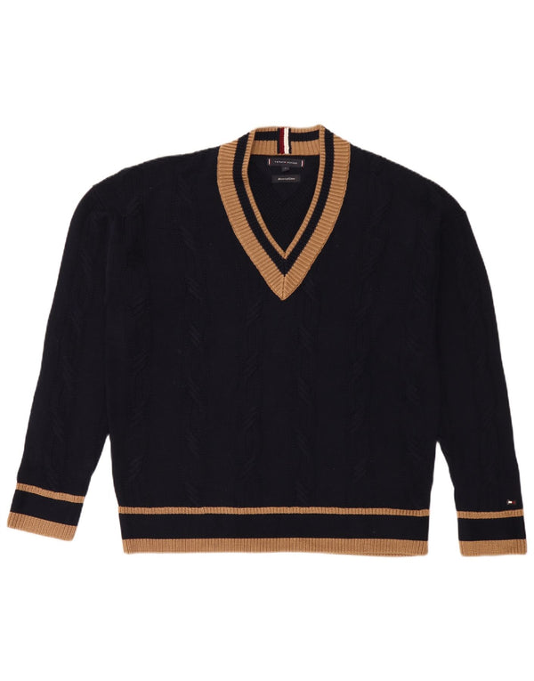 Męski sweter Tommy Hilfiger z dekoltem w kształcie litery V, bawełniany w średnie granatowe paski