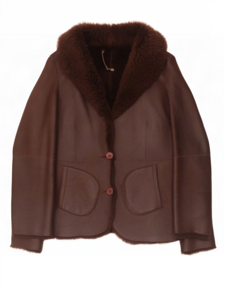 Damski płaszcz shearling Ashley Brooke UK 14, średniej wielkości brązowa skóra