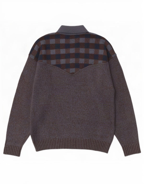 Męski sweter w stylu vintage, z dekoltem polo, duży, szary, wełniany w kratkę