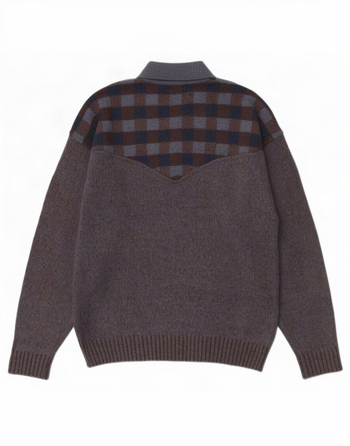 Męski sweter w stylu vintage, z dekoltem polo, duży, szary, wełniany w kratkę