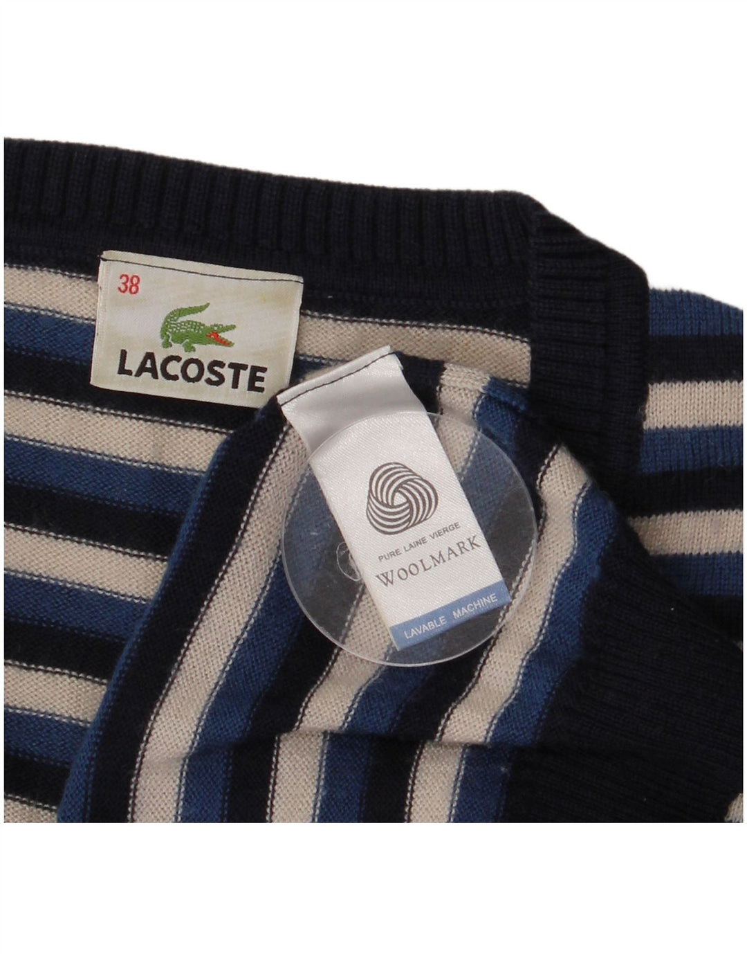 Lacoste Damski sweter z dekoltem w kształcie litery V, rozmiar 38, średni granatowy, wełniany w paski