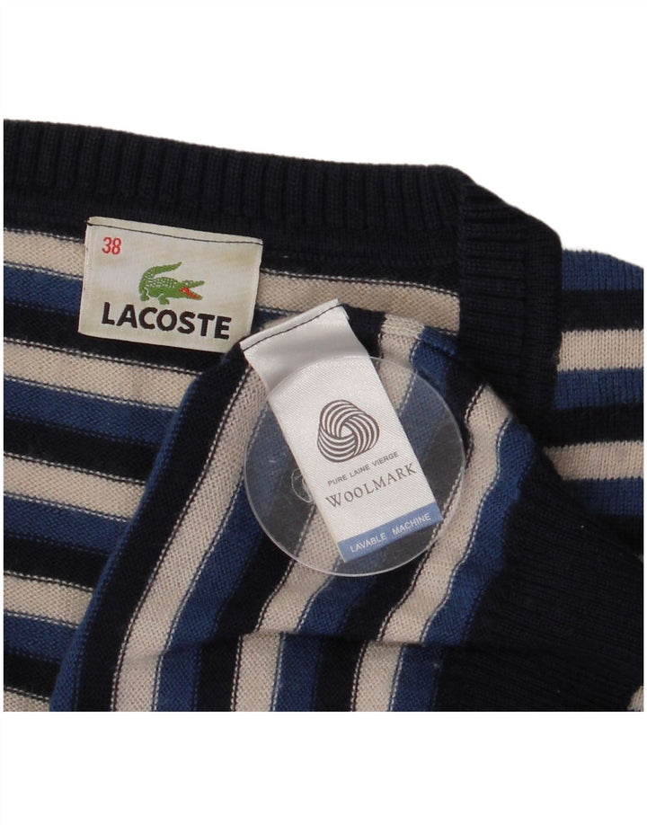 Lacoste Damski sweter z dekoltem w kształcie litery V, rozmiar 38, średni granatowy, wełniany w paski