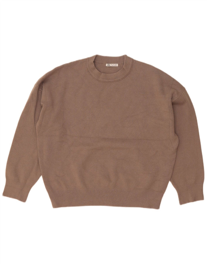 Męski sweter Zara z okrągłym dekoltem, duży, brązowy, wiskoza