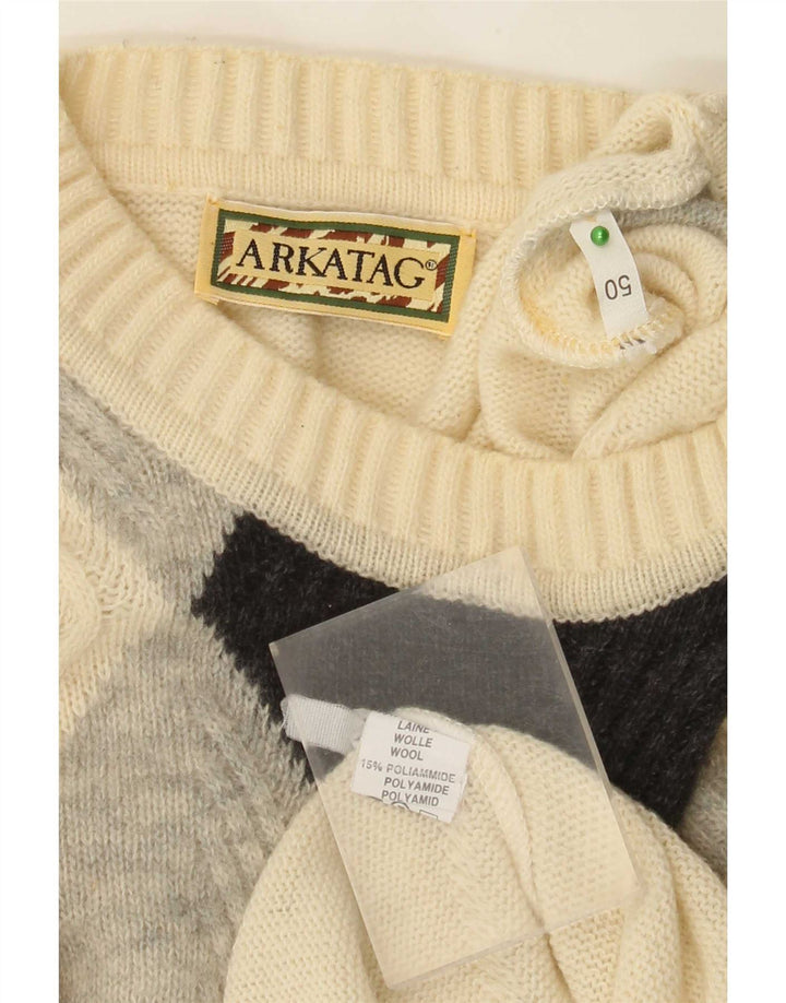 Męski vintage sweter z okrągłym dekoltem IT 50 Medium ecru w romby/diamenty