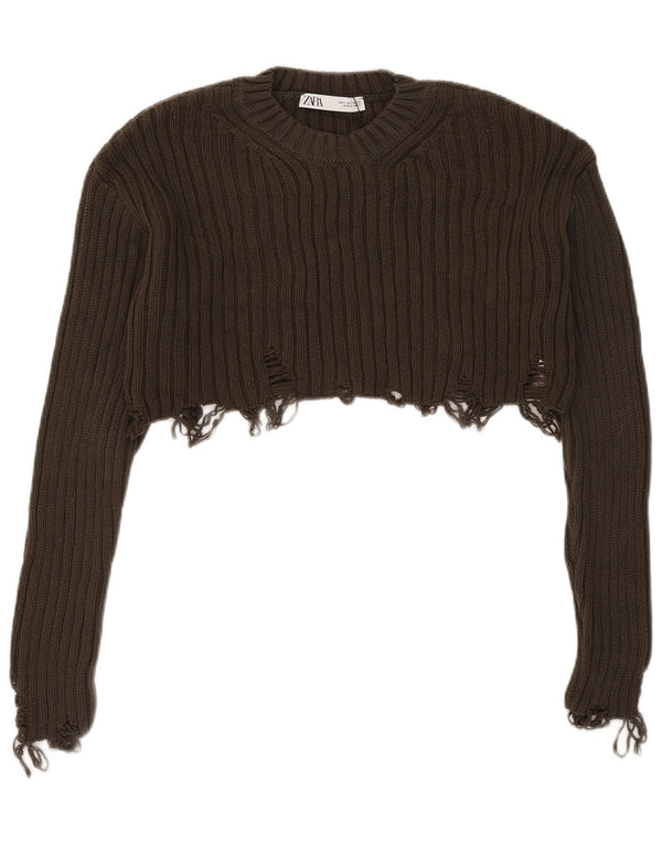 Damski sweter Zara Crop Distressed z okrągłym dekoltem UK 10 Small Khaki