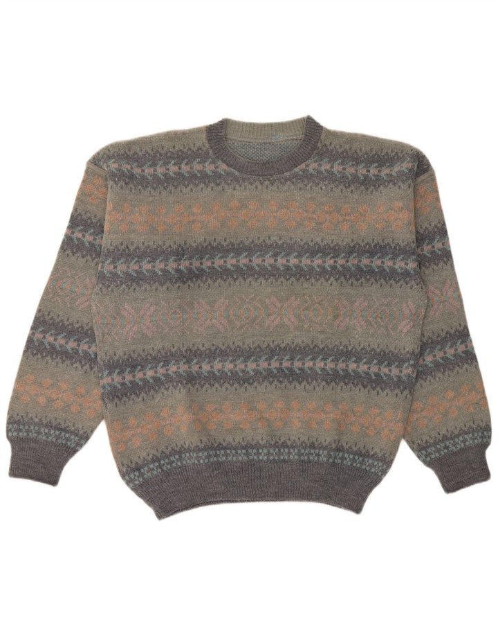 Vintage męski sweter z okrągłym dekoltem, duży, szary, wełniany Fair Isle