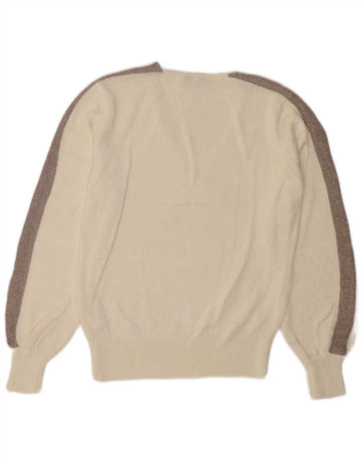 Sweter damski Reiss z dekoltem w kształcie litery V, UK 12, średni biały, blok kolorów