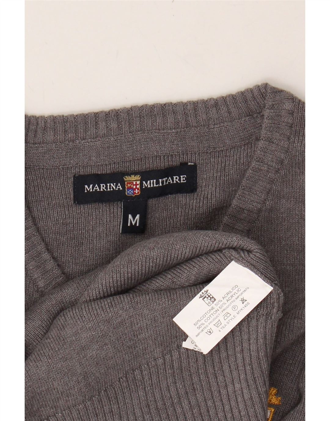 MARINA MILITARE Mens V-Neck Jumper Sweater Medium Grey Cotton Vintage Marina Militare and Second-Hand Marina Militare from Messina Hembry 