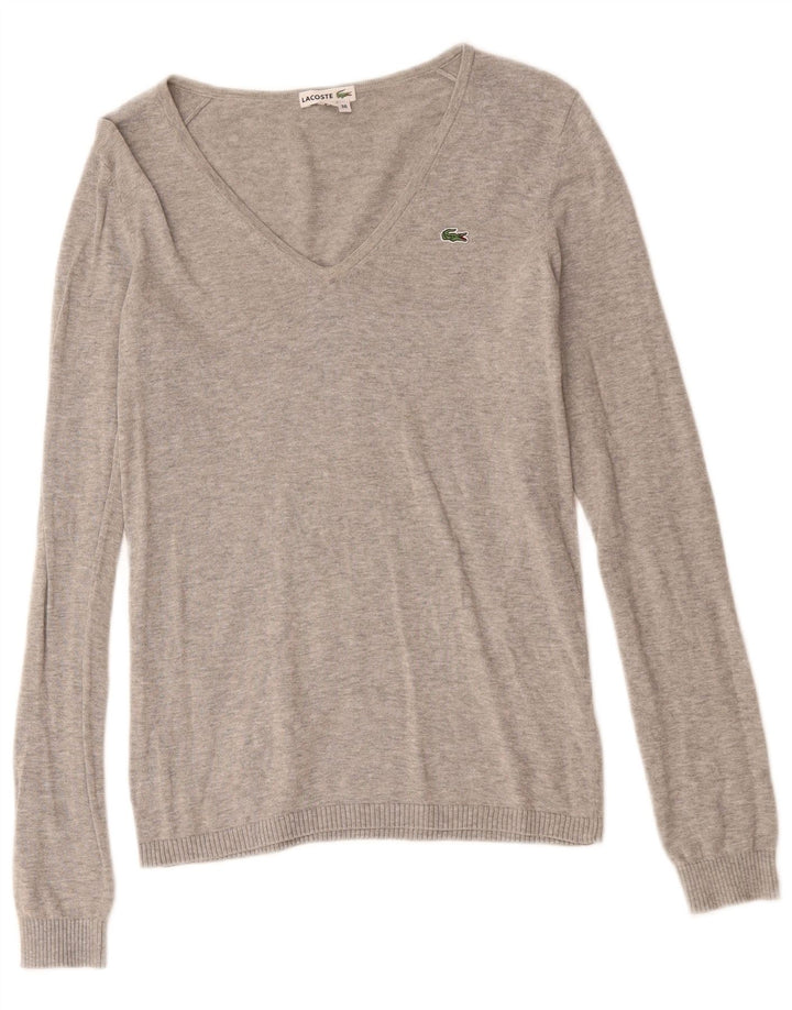 Lacoste Damski sweter z dekoltem w kształcie litery V, rozmiar 36, mały, szary, z bawełny w plamki