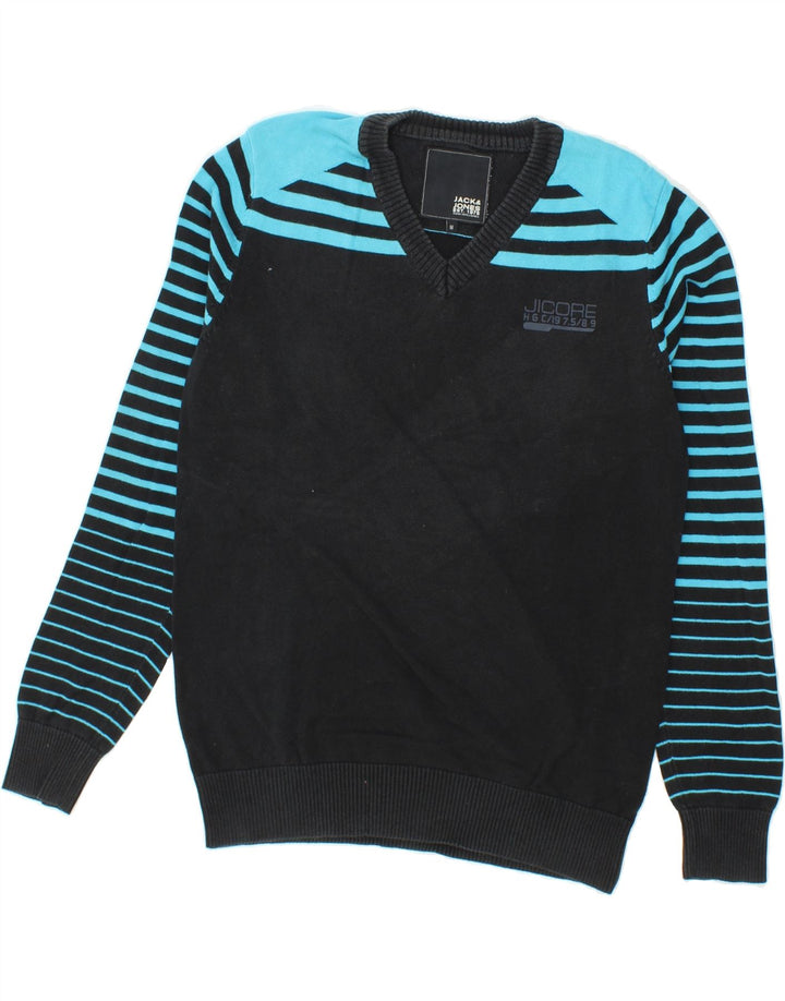 JACK & JONES Mens V-Neck Jumper Sweater Medium Blue Striped Vintage Jack & Jones and Second-Hand Jack & Jones from Messina Hembry 
