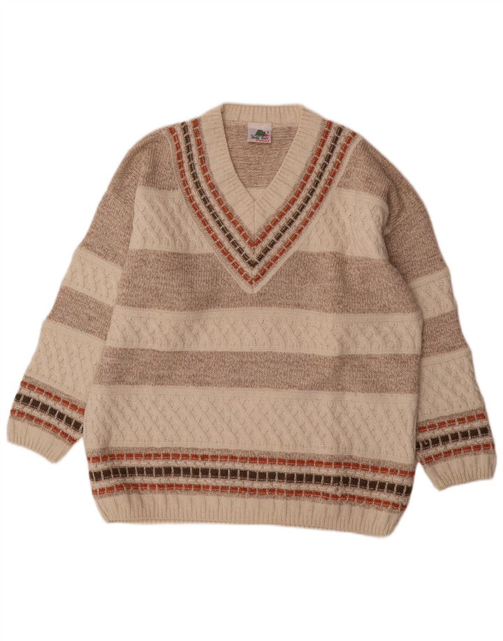 Męski sweter w stylu vintage z dekoltem w szpic, wełniany w średnie beżowe paski