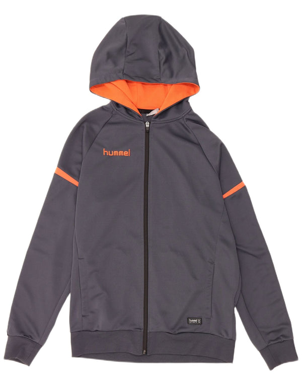 HUMMEL Męski sweter z kapturem i grafiką, zapinany na zamek, duży, szary poliester z blokami kolorów