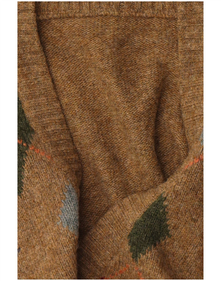 Vintage męski sweter z dekoltem w kształcie litery V, średnio brązowy, argyle/diament