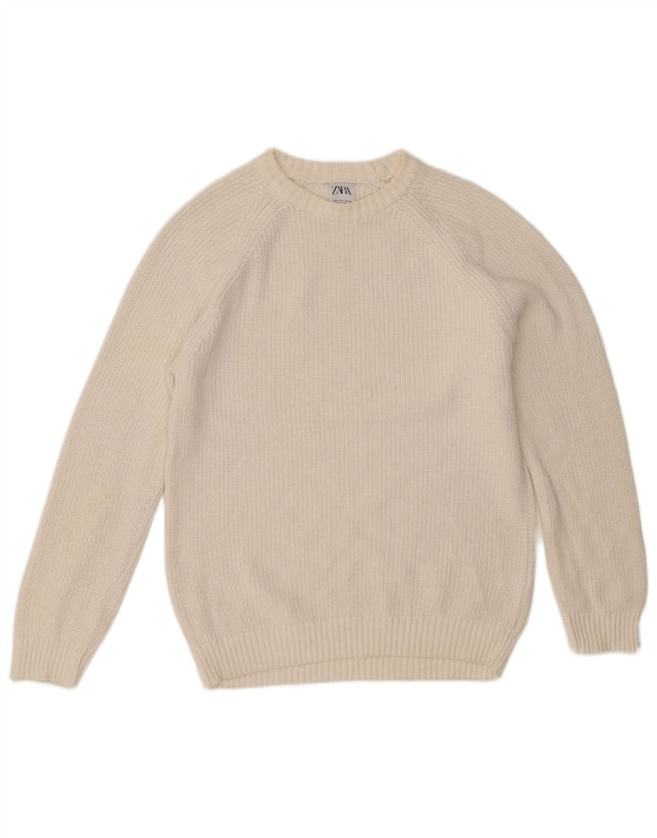 Męski sweter z okrągłym dekoltem Zara, mały, biały, bawełniany