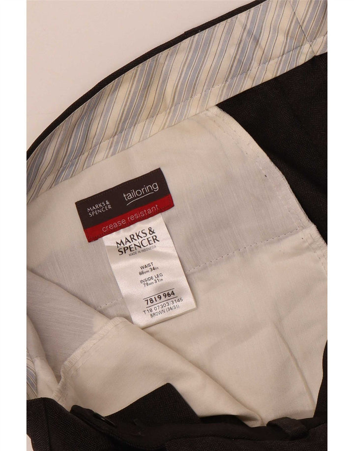Marks & Spencer Męskie proste spodnie garniturowe W34 L31 Brązowe w jodełkę