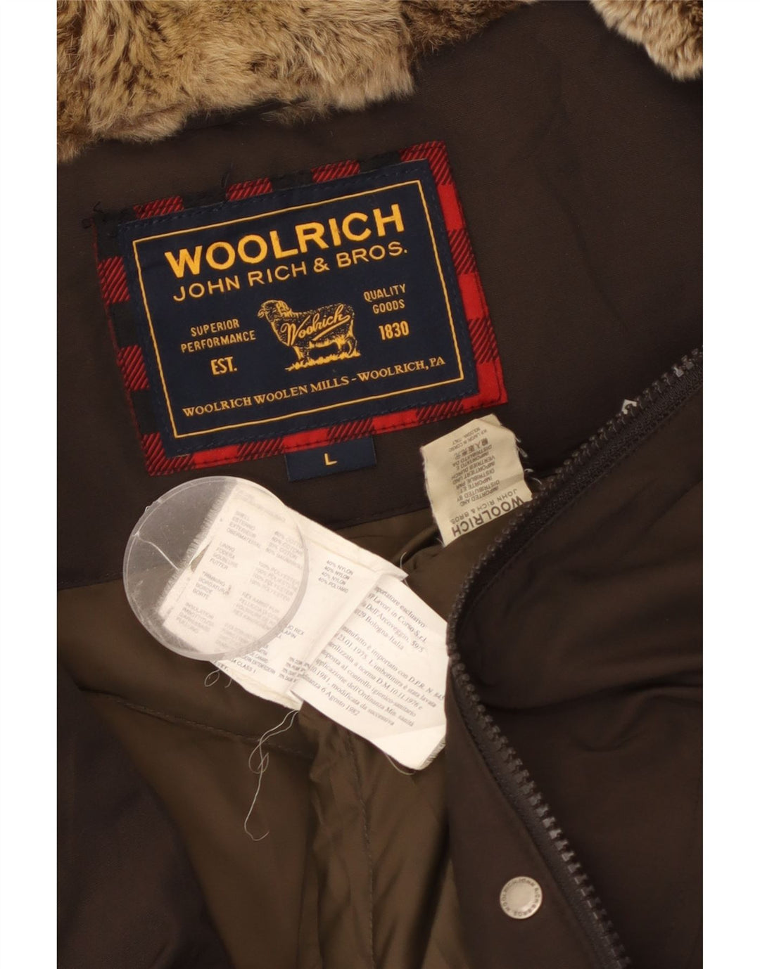 Damska ocieplana kurtka z kapturem Woolrich UK 16, duża bawełna khaki