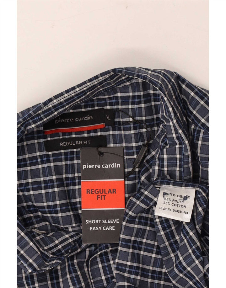 Koszula męska Pierre Cardin z krótkim rękawem i regularnym krojem XL, niebieska, poliester w kratę