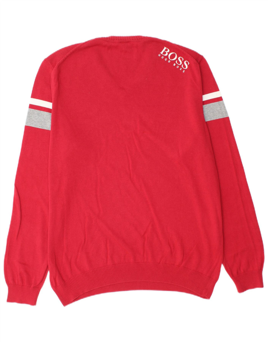 Męski sweter HUGO BOSS z graficznym dekoltem w kształcie litery V, duży, czerwony, z blokami kolorów
