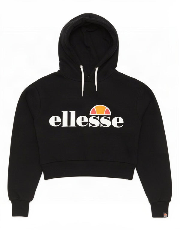 Ellesse Womens Graphic Crop Hoodie Jumper UK 8 Small Black Cotton