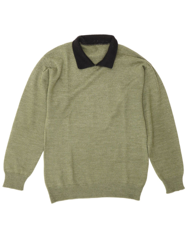 Męski sweter z golfem w stylu vintage, średnio zielony, w blokach kolorów