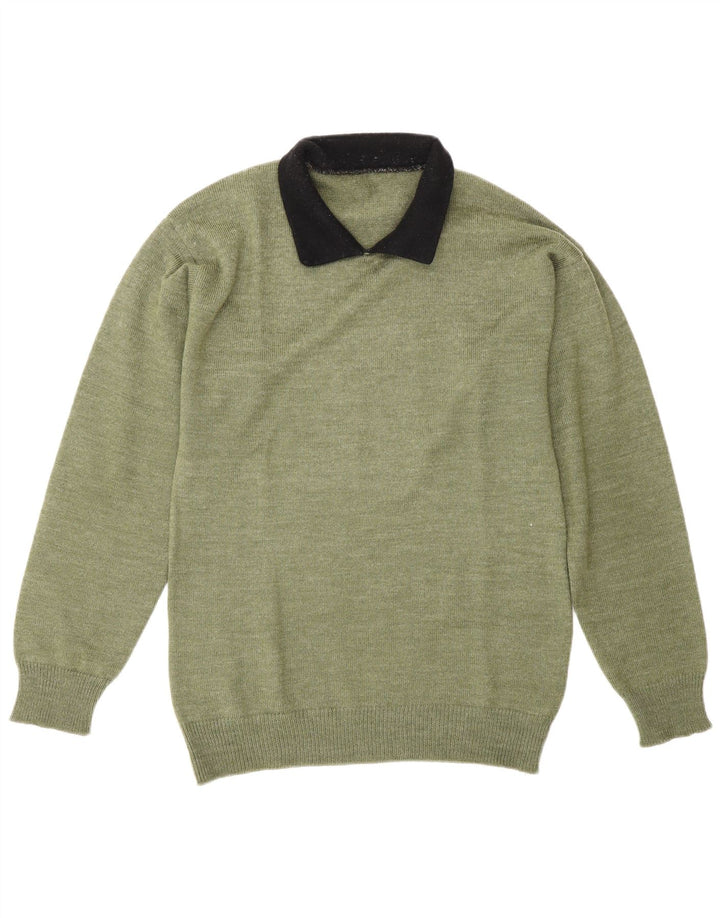 Męski sweter z golfem w stylu vintage, średnio zielony, w blokach kolorów