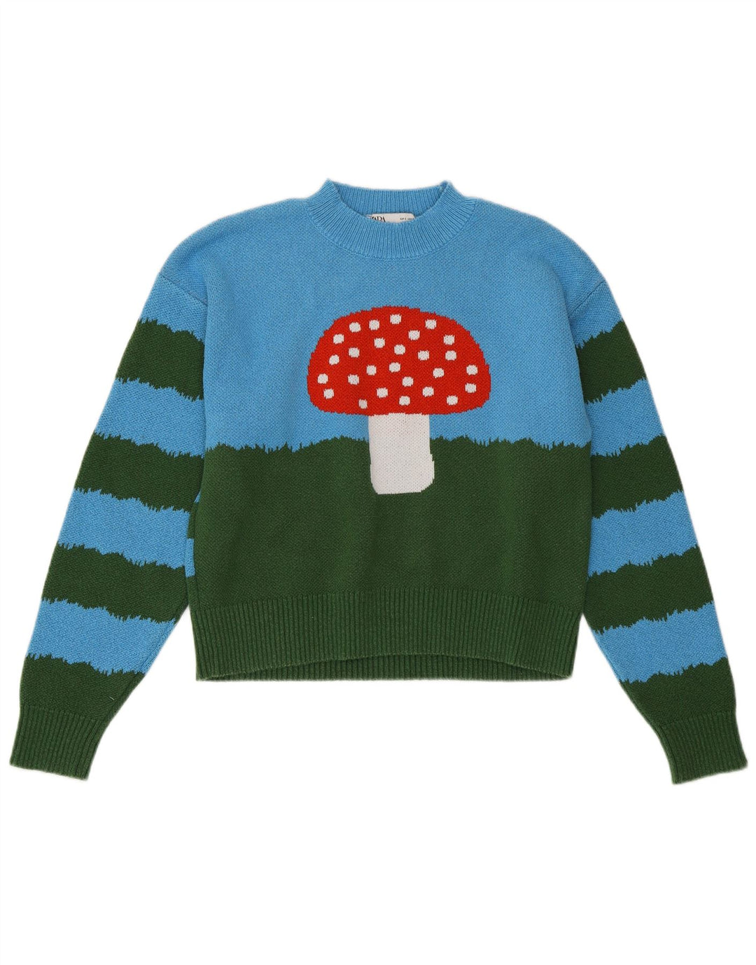 Damski sweter ZARA z okrągłym dekoltem, UK 10, mały, niebieski, z blokami kolorów