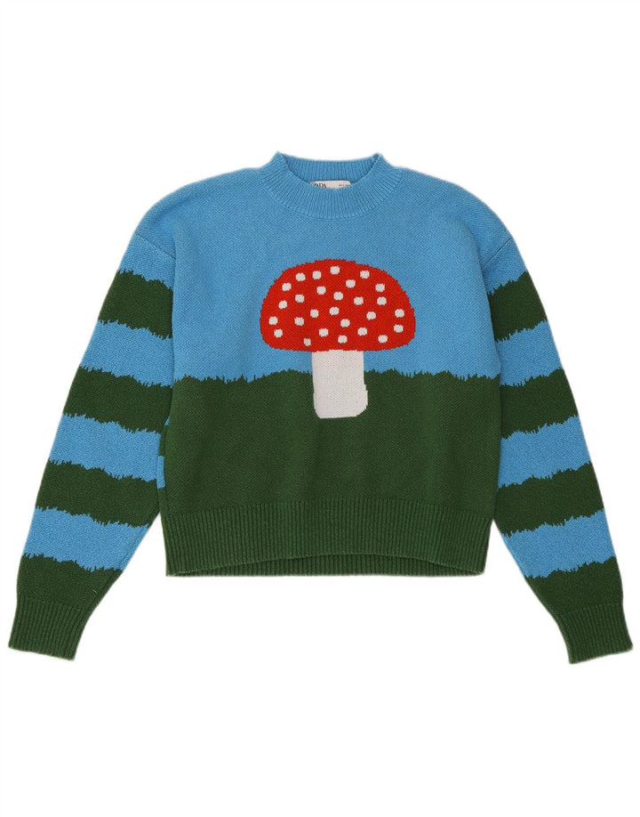 Damski sweter ZARA z okrągłym dekoltem, UK 10, mały, niebieski, z blokami kolorów