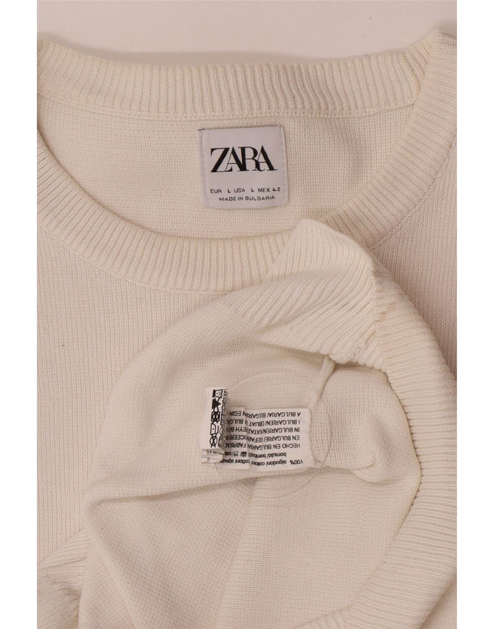 Męski sweter z okrągłym dekoltem Zara, duży, biały, bawełniany
