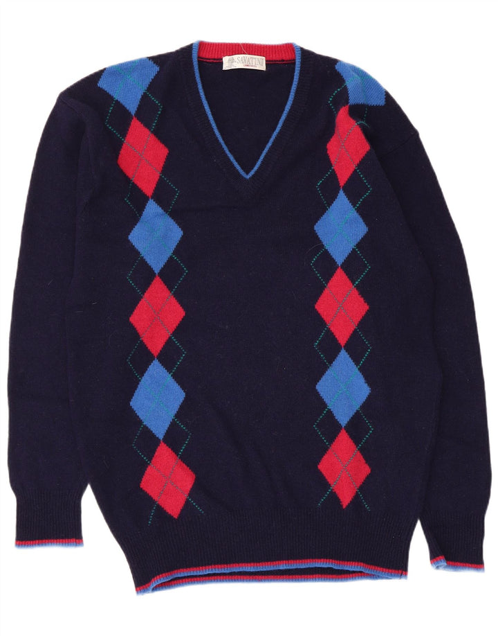 Vintage męski sweter z dekoltem w szpic, średni granatowy Argyle/diament