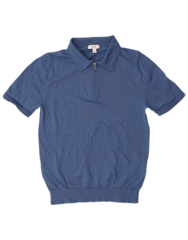 Damski sweter polo z krótkim rękawem Reiss UK 14, duża niebieska wełna