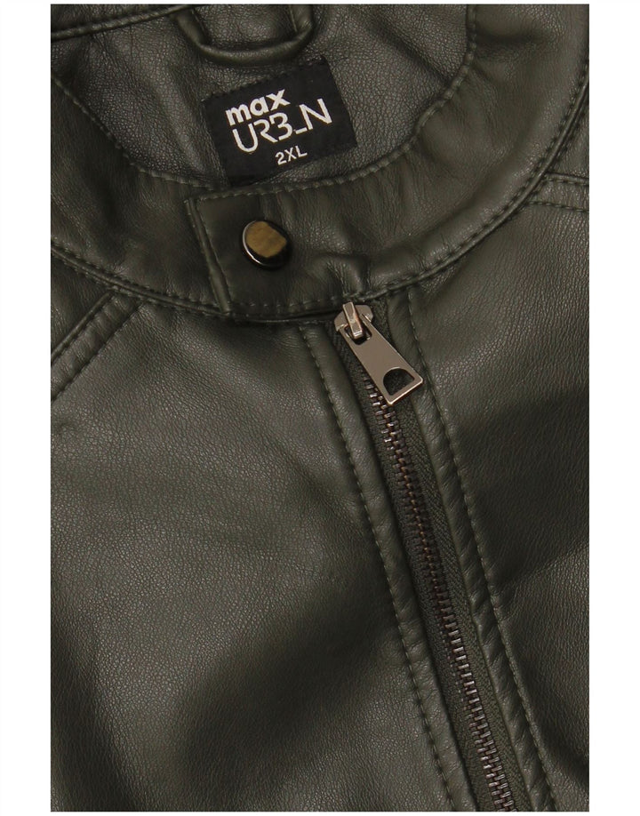 MAX Mens Faux Leather Jacket UK 44 2XL Green Polyurethane