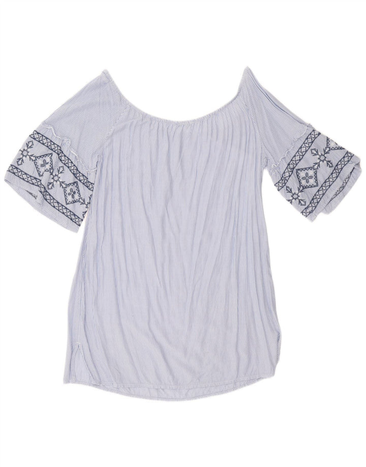 BENETTON Womens Off Shoulder Tunic Top UK 10 Small Blue Striped Viscose