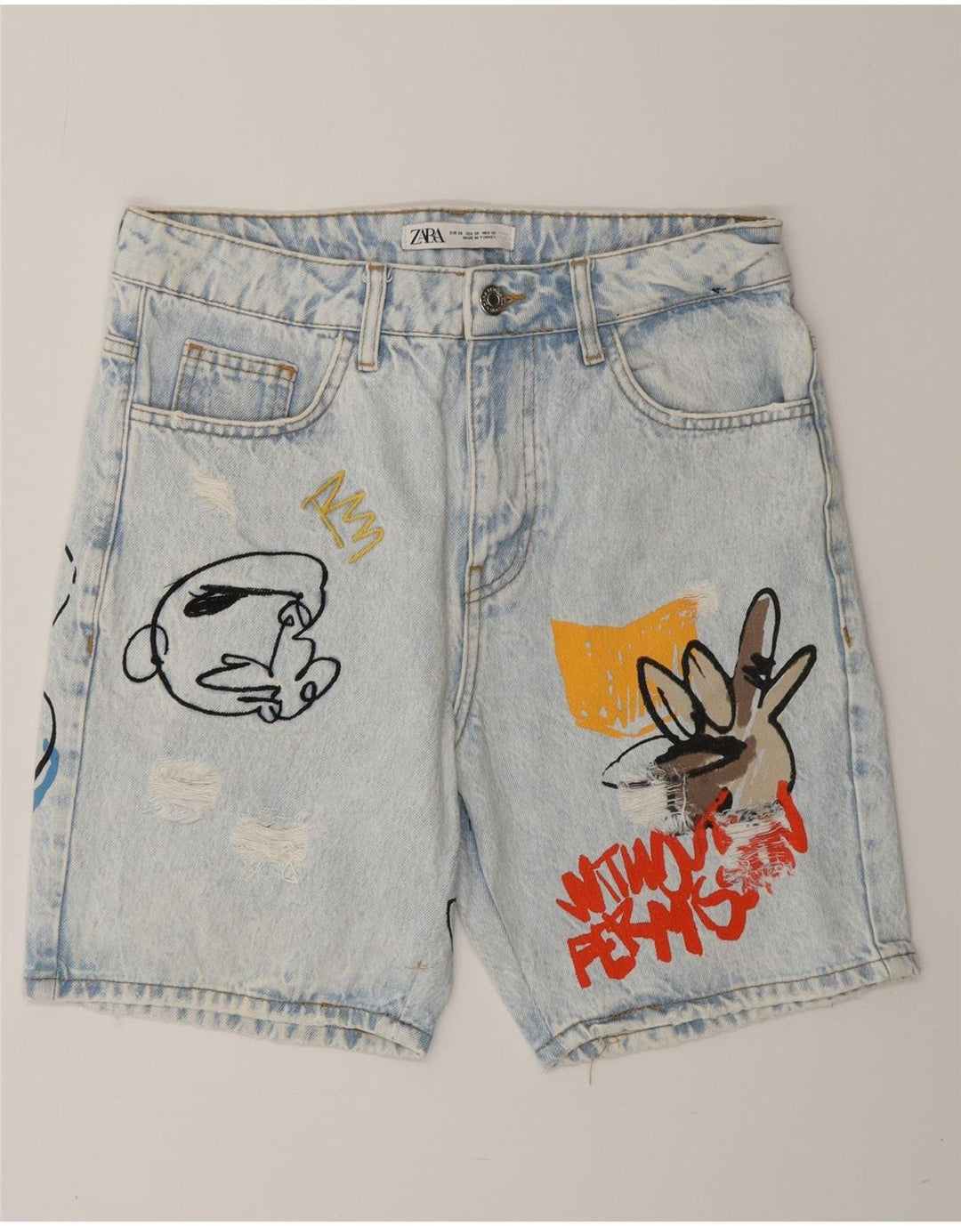 Męskie spodenki jeansowe ZARA w trudnej sytuacji z grafiką EU 38 Small W30, niebieska bawełna