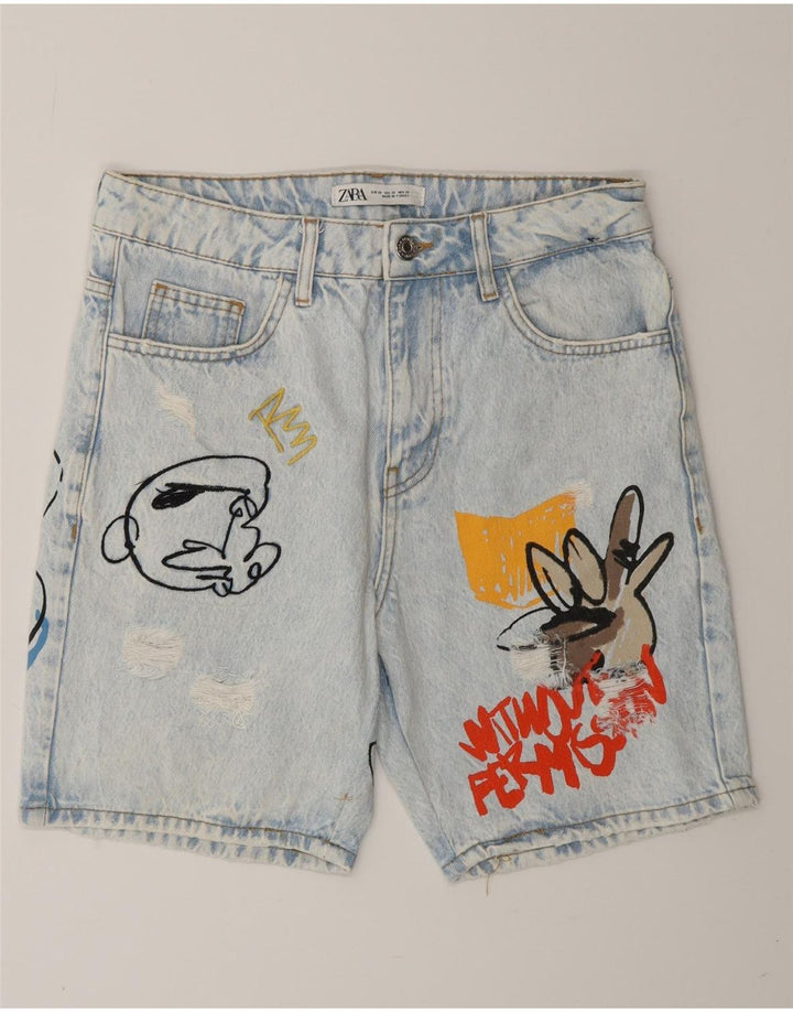 Męskie spodenki jeansowe ZARA w trudnej sytuacji z grafiką EU 38 Small W30, niebieska bawełna
