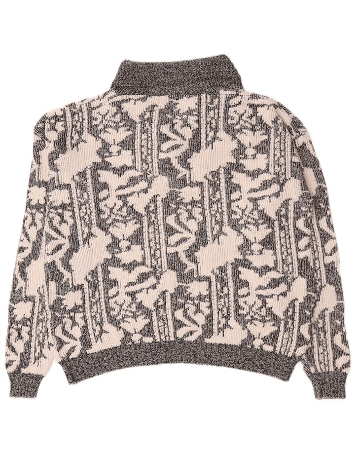 Vintage męski sweter z abstrakcyjnym wzorem i szalowym dekoltem XL szary