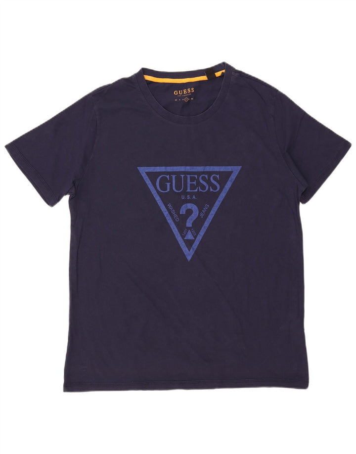 Męski T-shirt z grafiką GUESS, duży, granatowy, bawełniany