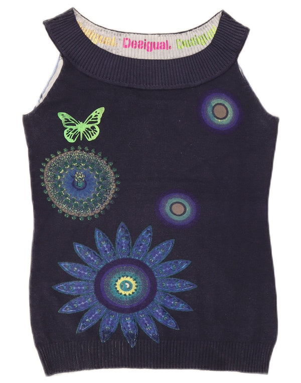 Desigual damski podkoszulek bez rękawów UK 10 mały granatowy w kwiaty w motyle