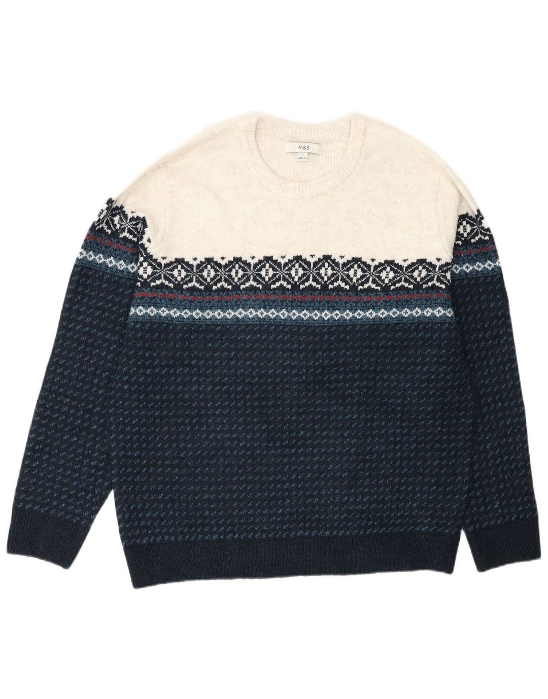 Marks & Spencer Męski sweter z okrągłym dekoltem, duży, turkusowy Fair Isle