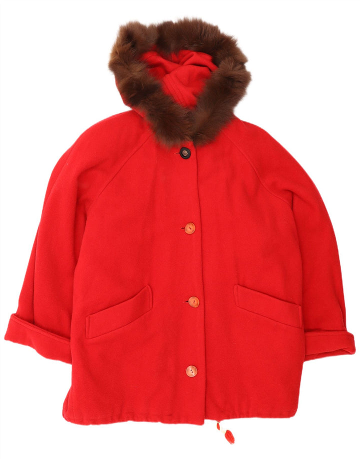 Vintage damski płaszcz oversize z kapturem UK 14, średnia czerwona wełna