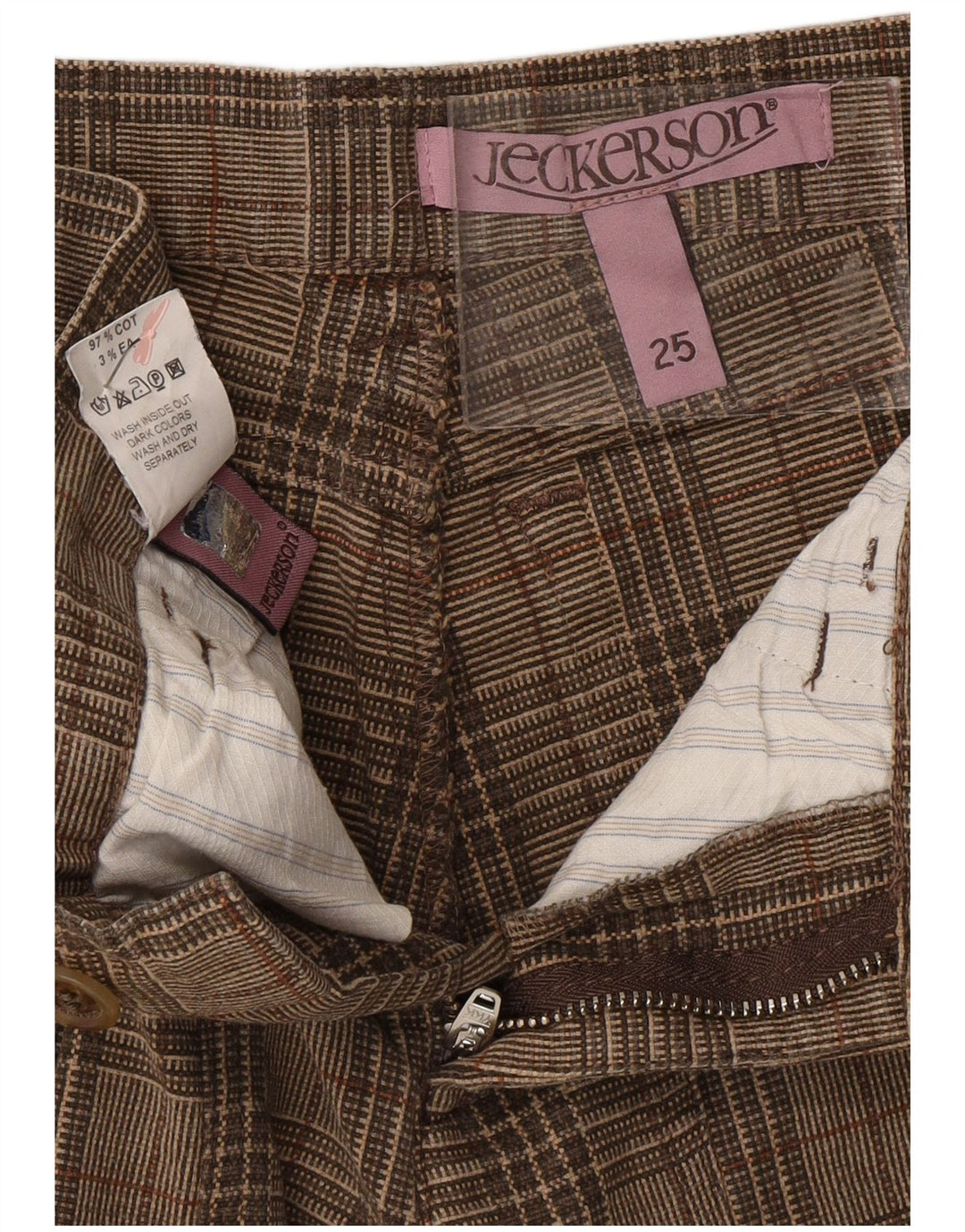 Damskie zwężane spodnie codzienne JECKERSON W25 L25 Brązowa bawełniana krata