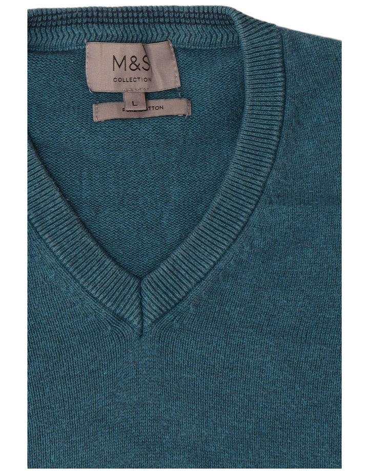Marks & Spencer Męski sweter z dekoltem w kształcie litery V, duży, niebieski, bawełniany