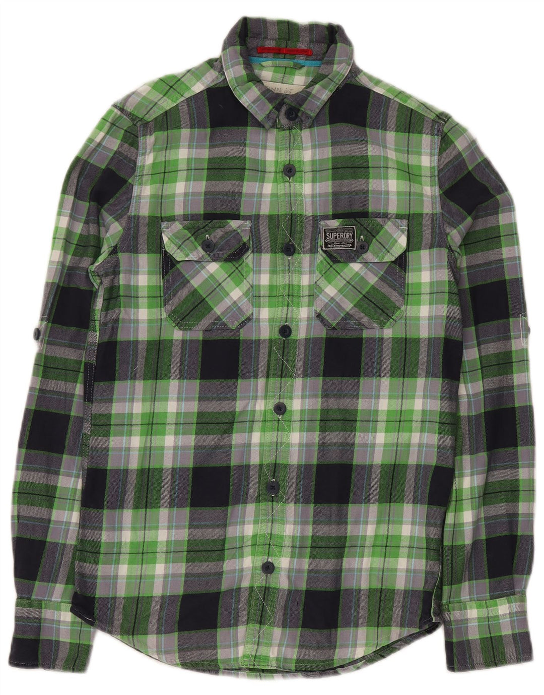 SUPERDRY Męska koszula flanelowa w małą zieloną kratkę, bawełniana