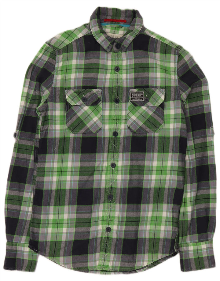 SUPERDRY Męska koszula flanelowa w małą zieloną kratkę, bawełniana