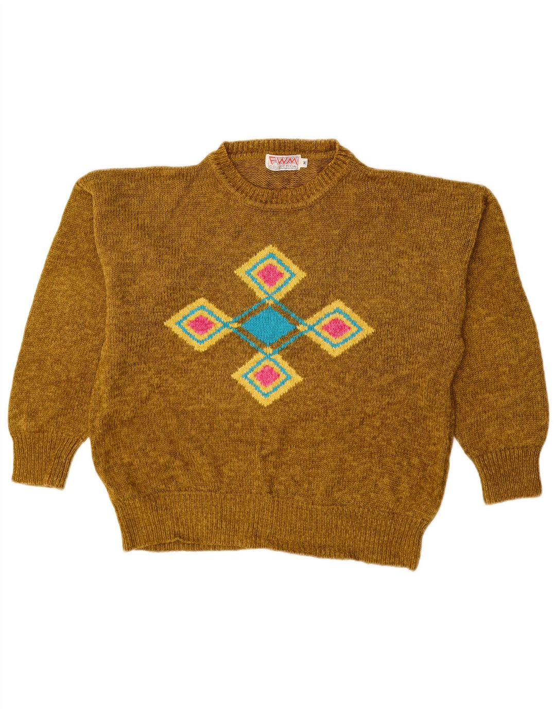 Damski sweter z okrągłym dekoltem w stylu VINTAGE UK 14 Medium Khaki Argyle/Diament