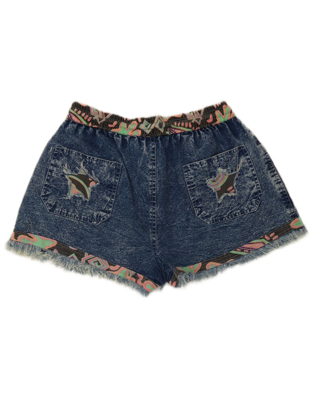 Damskie spodenki jeansowe w stylu vintage, średnie W28, niebieskie patchworki