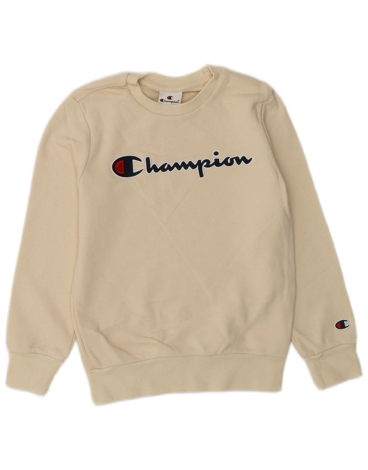 CHAMPION Boys Graphic Sweatshirt Jumper 7-8 Years Small Beige Cotton
